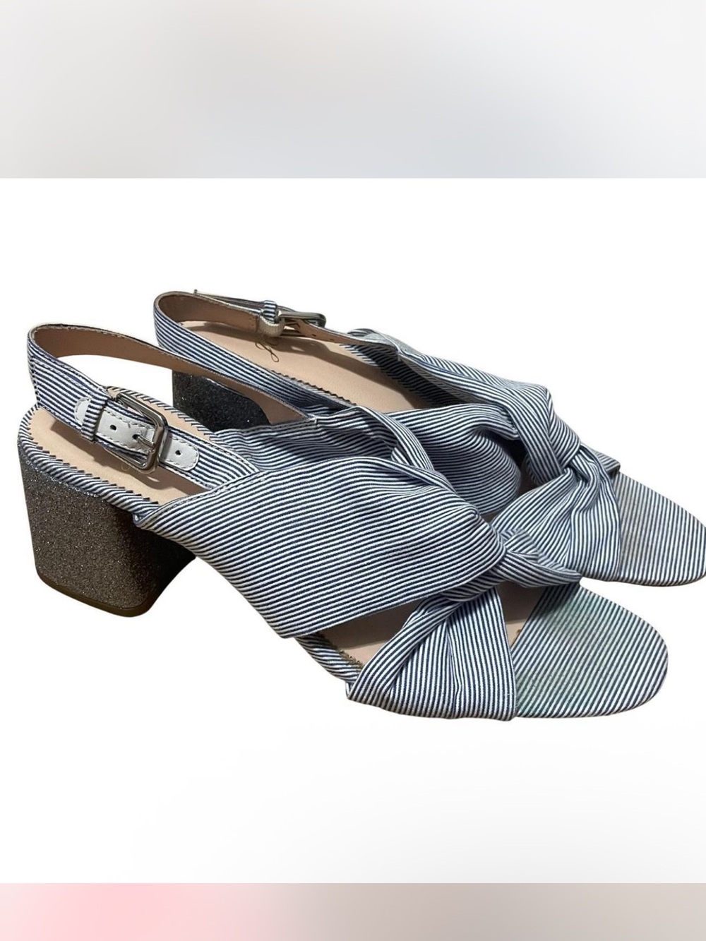 J. Crew Striped Knot Slingback glitter Block Heel Sandals
